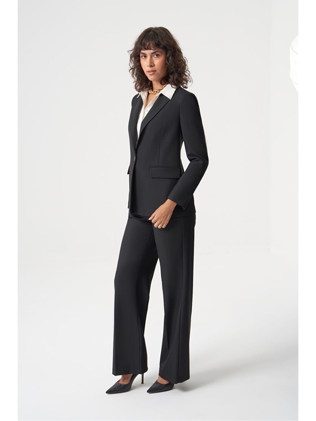 MZL Siyah Balıksırtı Dokuma Tek Düğme Blazer Ceket-2