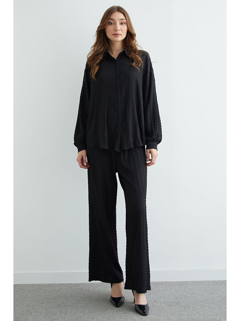 Siyah Fullamodest Dokulu Düğmeli 2 Li Takım-4