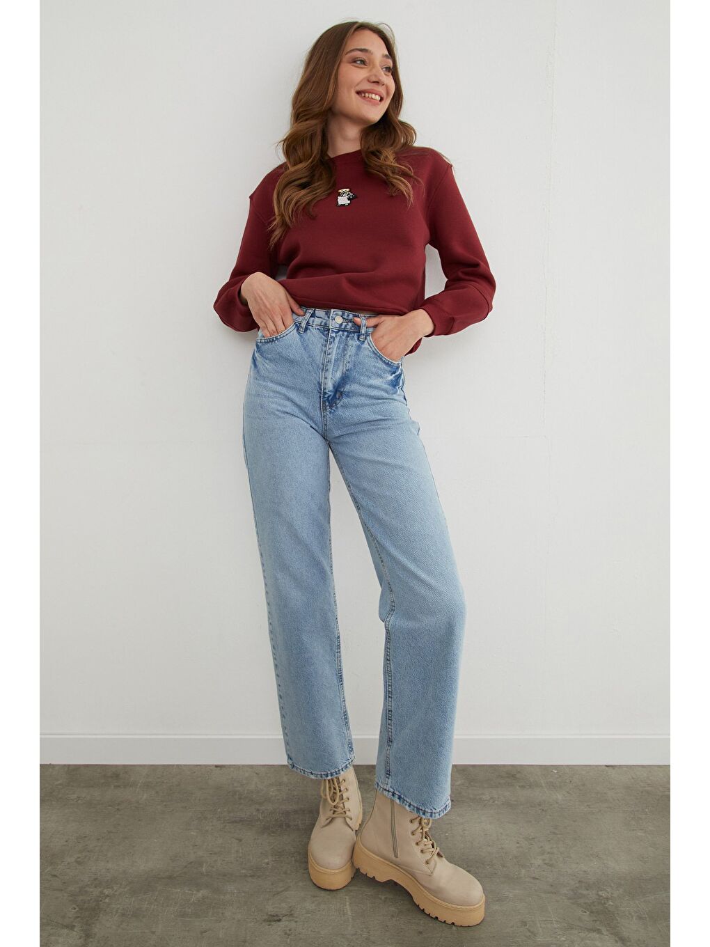 Bordo 3 İplik Ayıcık Nakışlı Bisiklet Yaka Sweatshirt-2