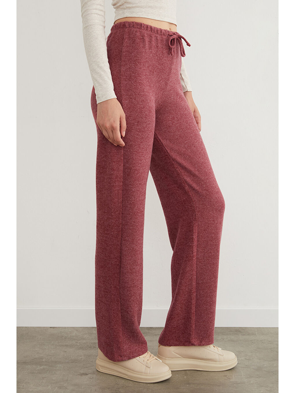 Bordo Beli Bağlamalı Yumoş Palazzo Pantolon-1