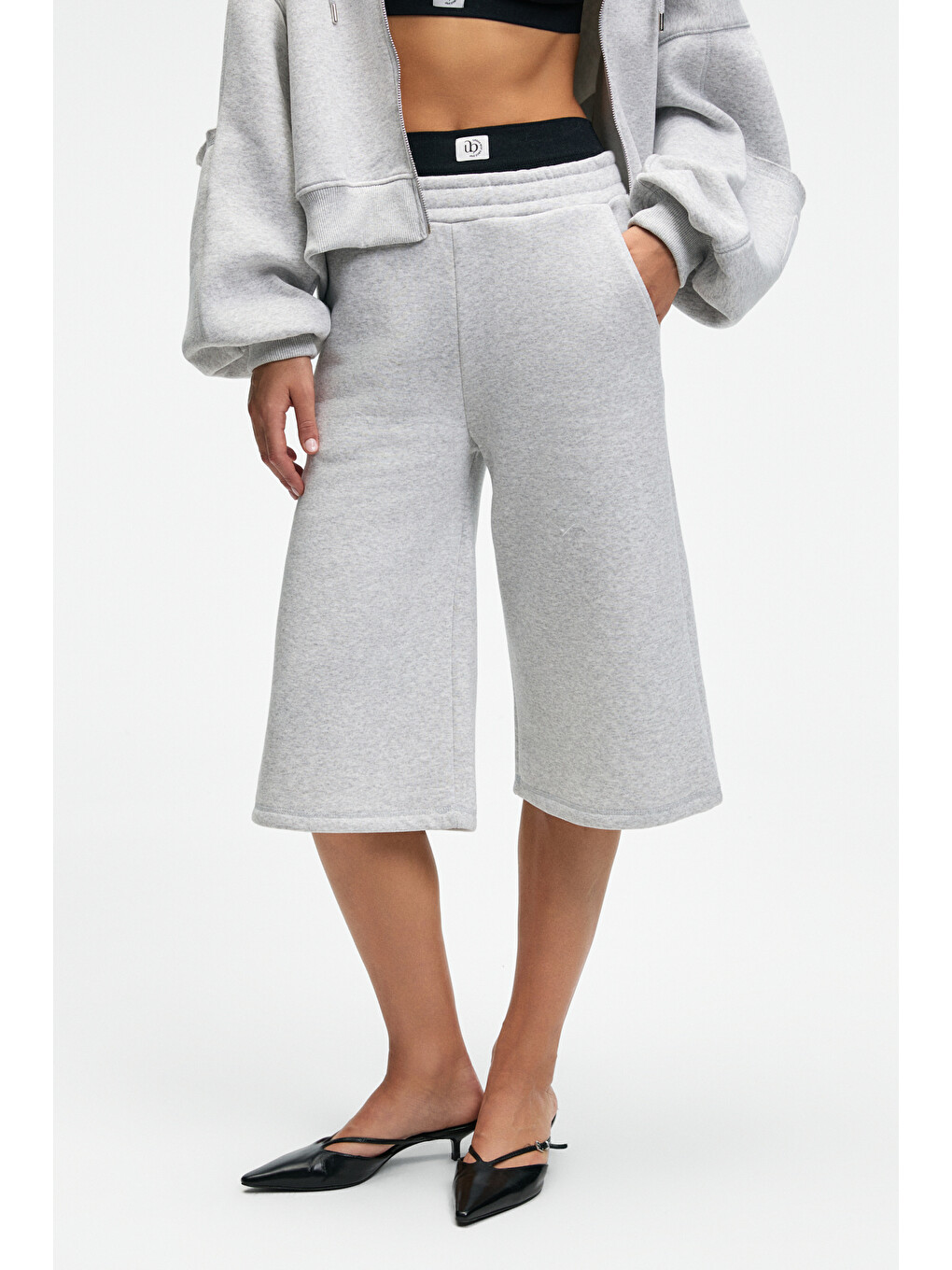 Elpıhra Kadın Oversize Beli Lastikli Çift Cepli Gri Melanj Şort & Bermuda