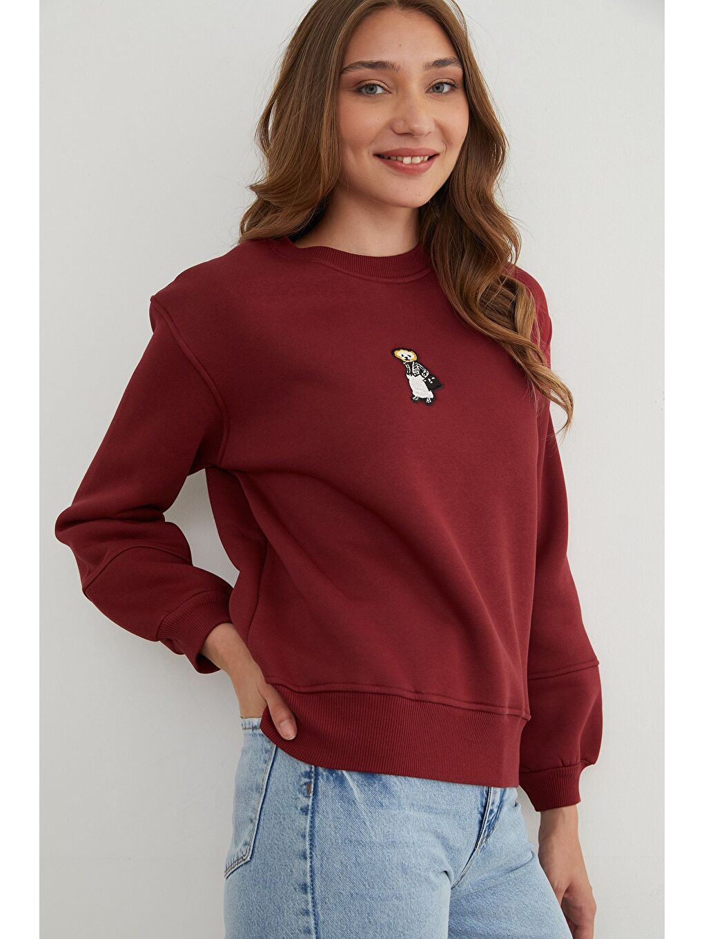 Bordo 3 İplik Ayıcık Nakışlı Bisiklet Yaka Sweatshirt-3
