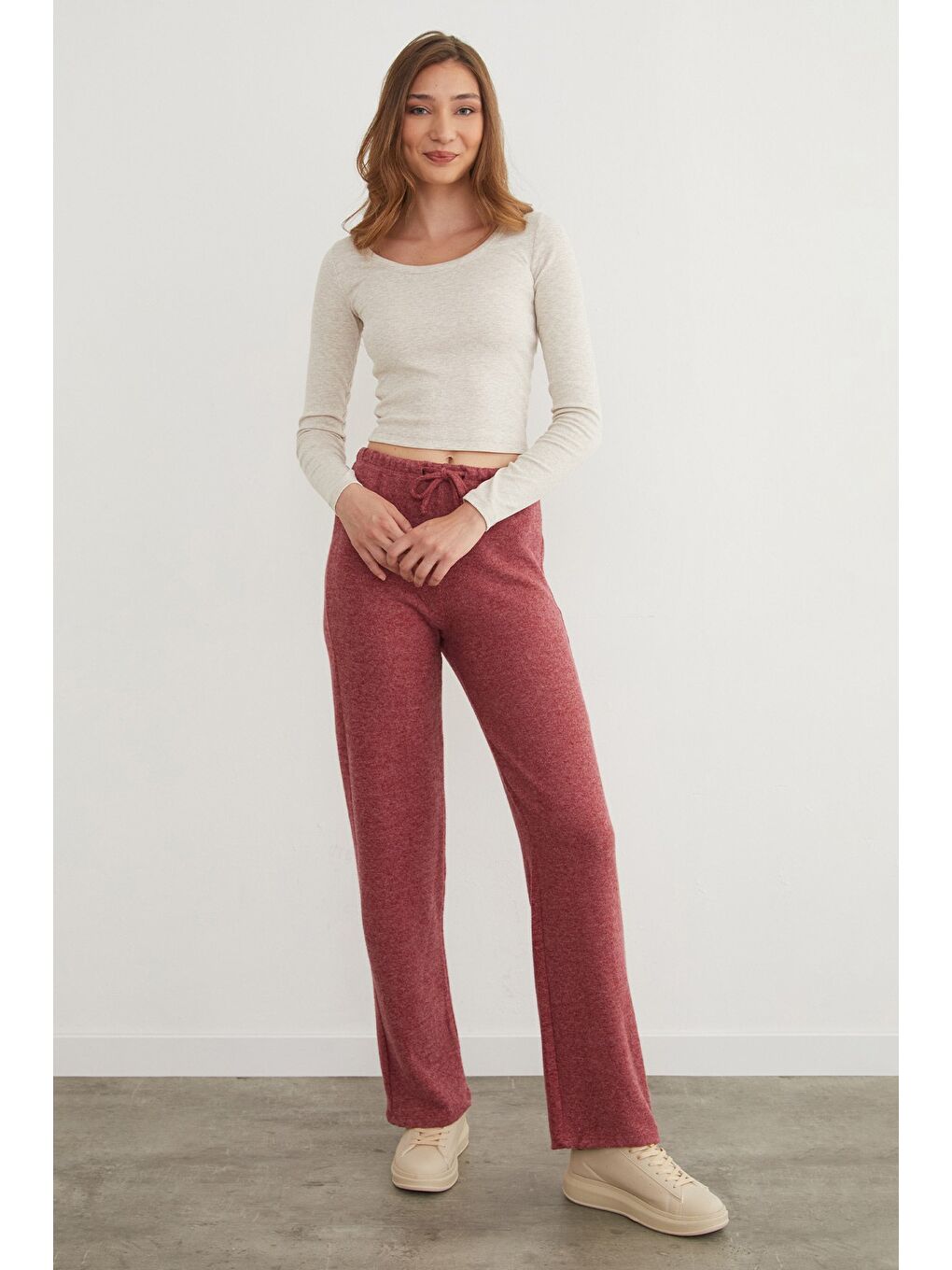 Bordo Beli Bağlamalı Yumoş Palazzo Pantolon-2