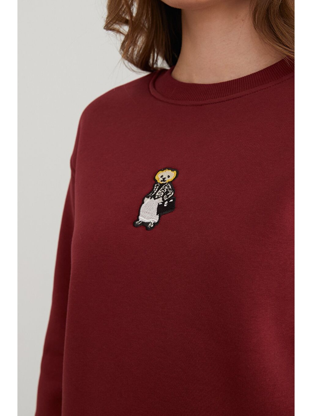 Bordo 3 İplik Ayıcık Nakışlı Bisiklet Yaka Sweatshirt-4
