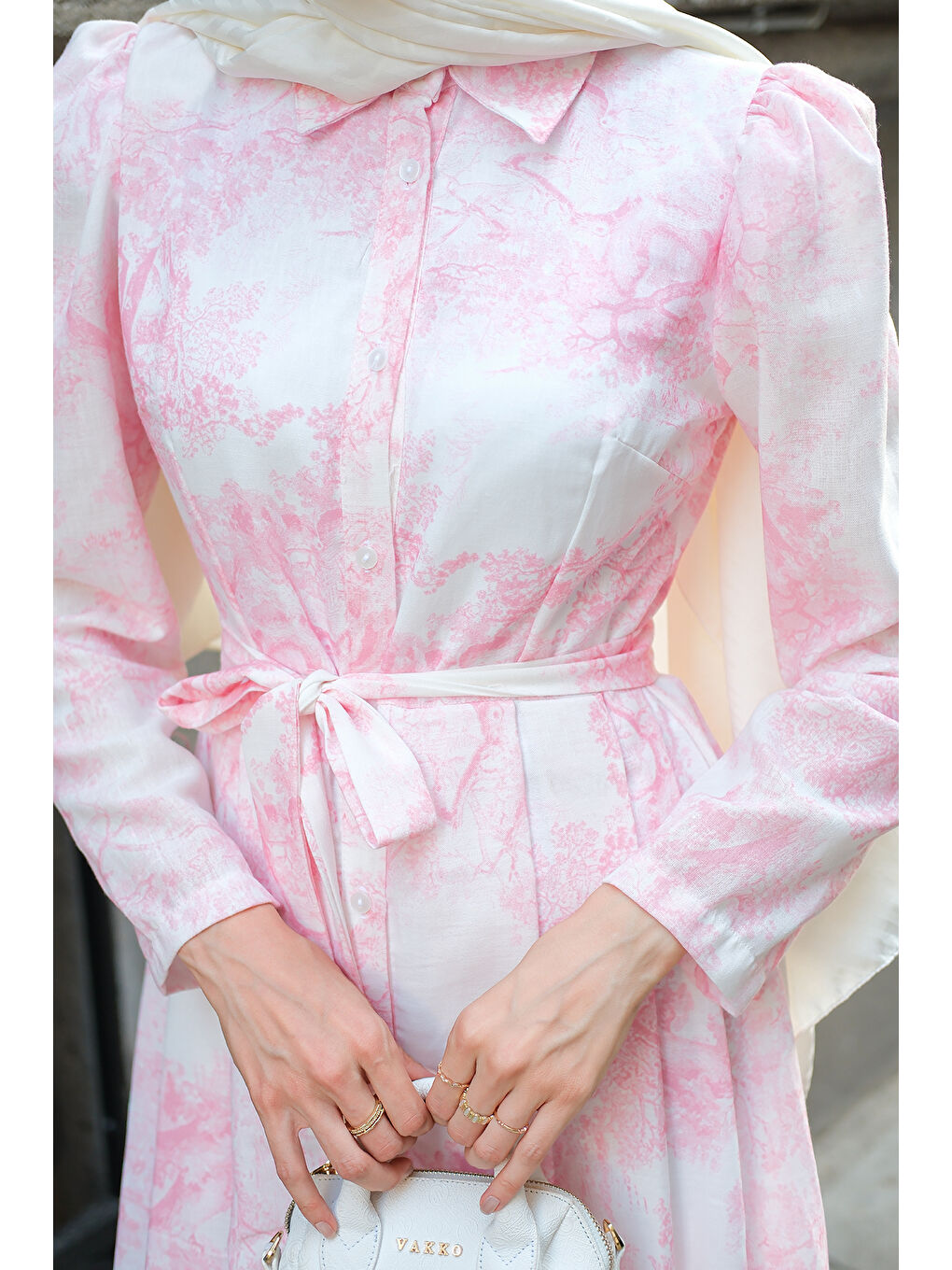 Kadın Fiyonk Detaylı Keten Elbise Pembe-3