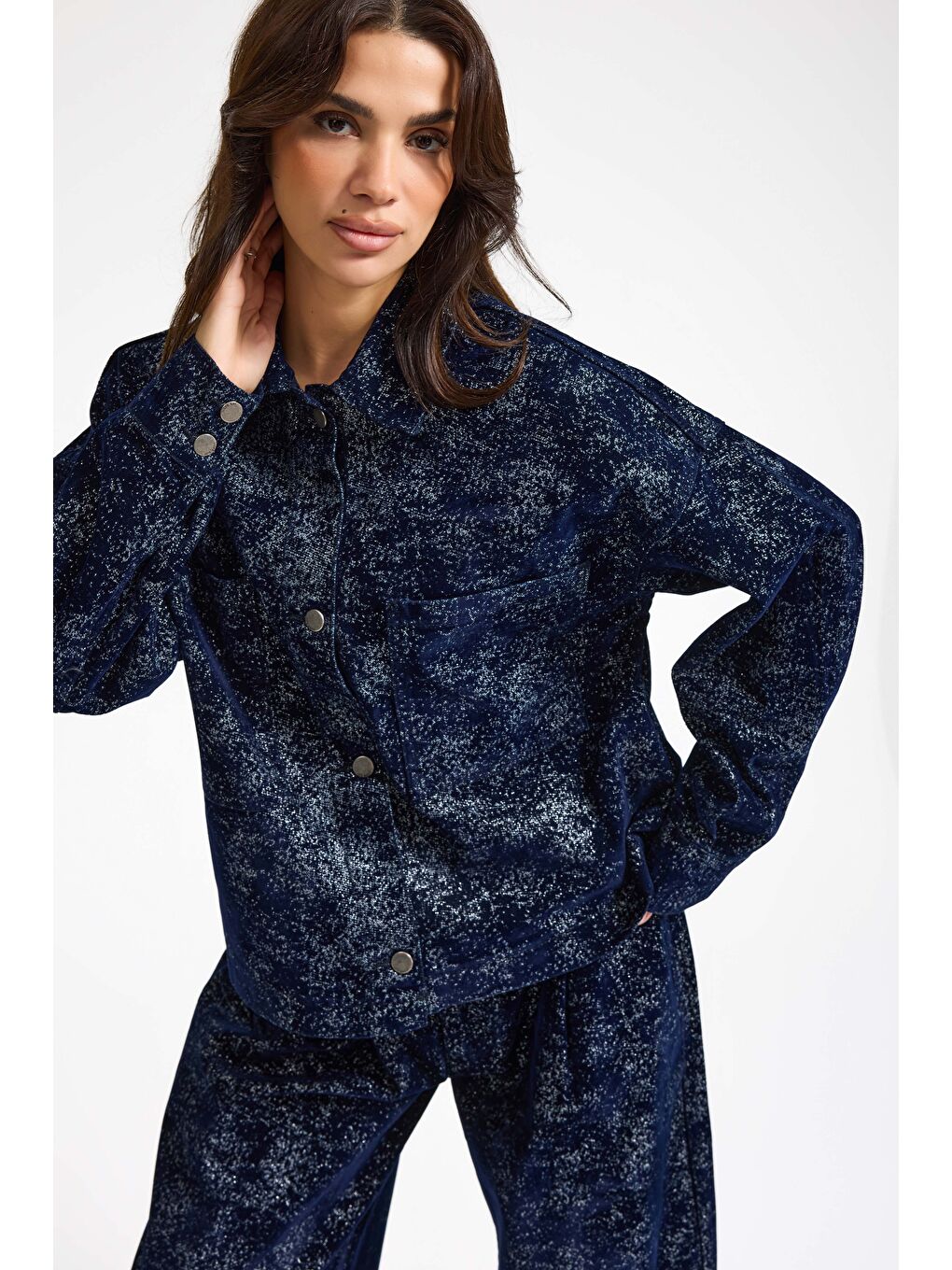 Kadın Koyu Mavi Renk 7w5-56 Oversize Özel Kumaş Tasarım Denim Ceket-2