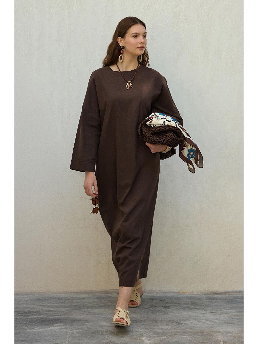 Kahverengi Solen Keten Uzun Elbise Kahve