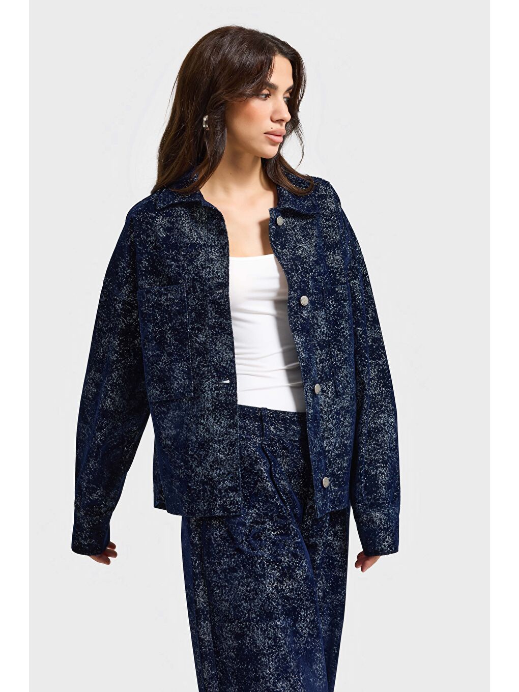 Kadın Koyu Mavi Renk 7w5-56 Oversize Özel Kumaş Tasarım Denim Ceket-3