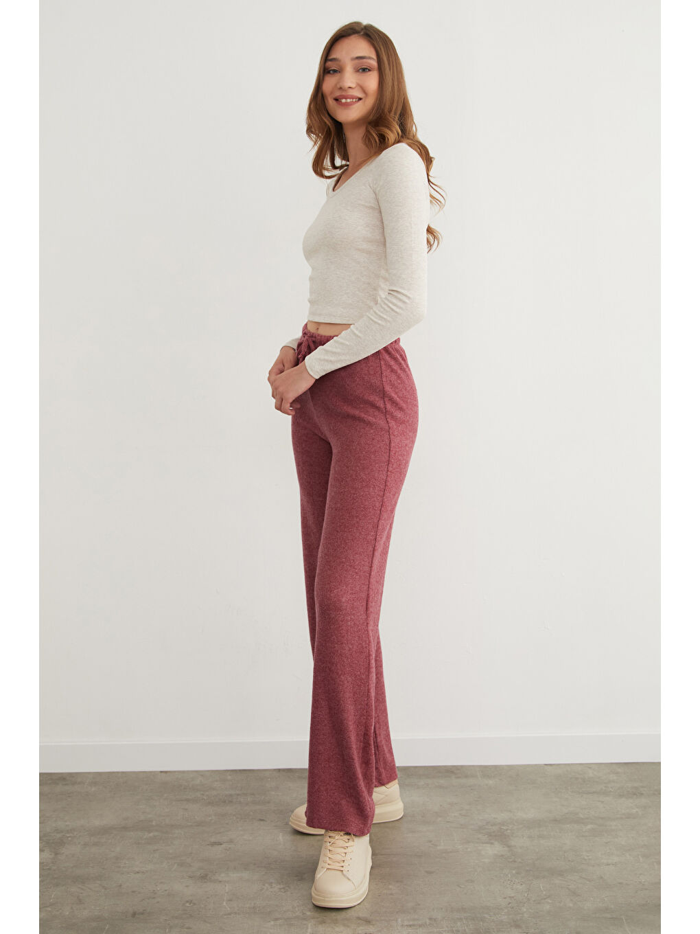 Bordo Beli Bağlamalı Yumoş Palazzo Pantolon-3