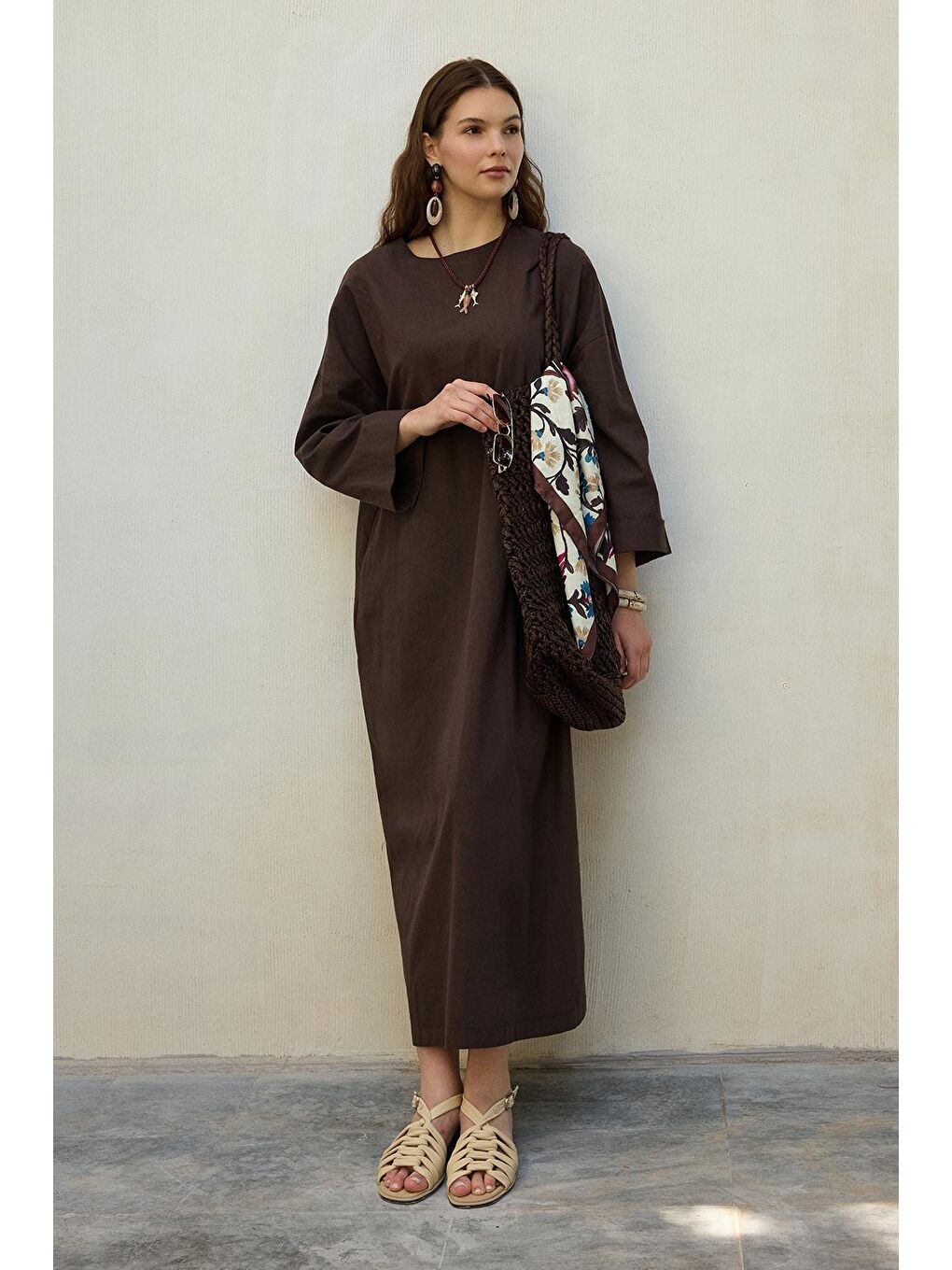 Kahverengi Solen Keten Uzun Elbise Kahve-3