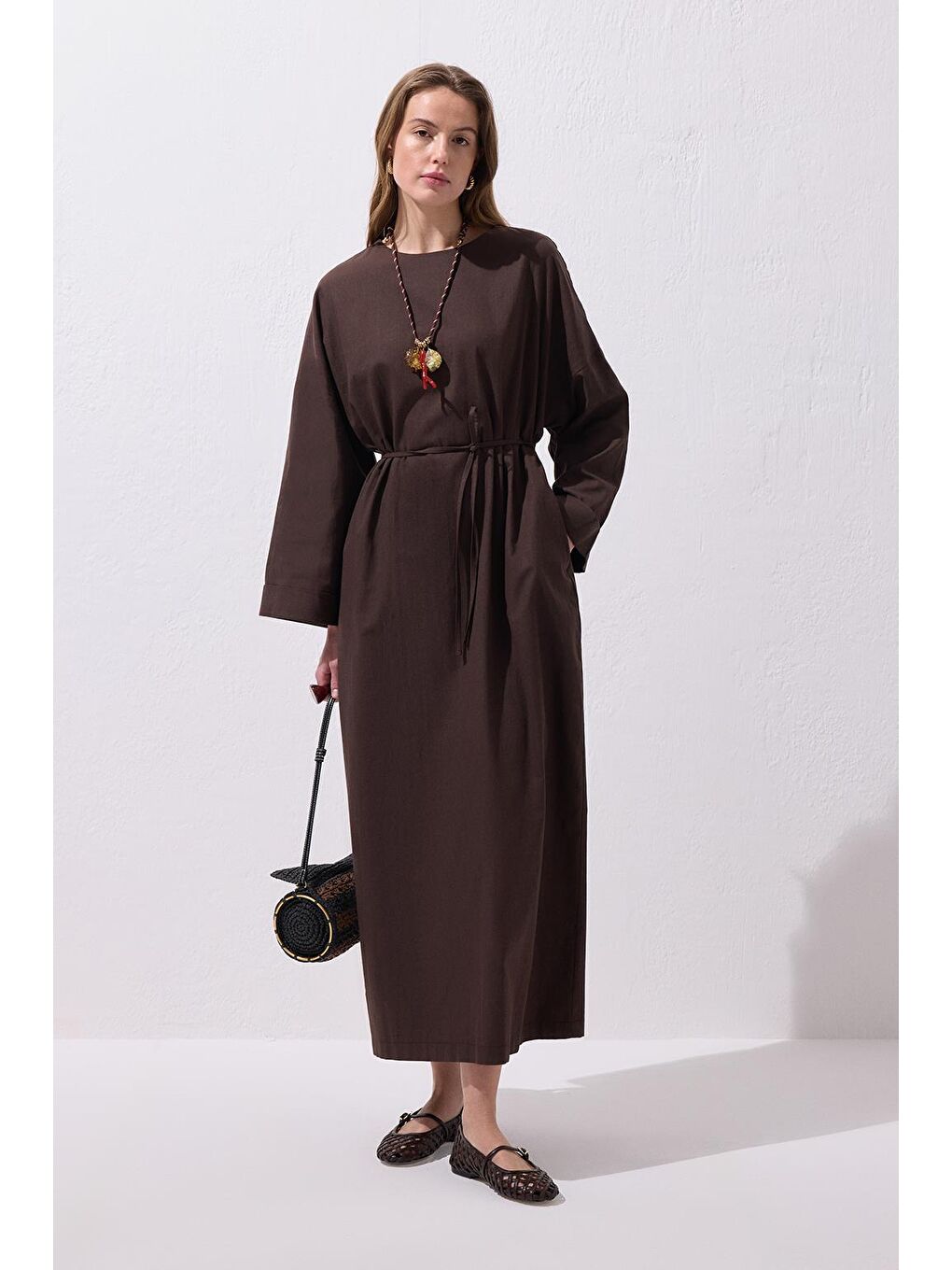 Kahverengi Solen Keten Uzun Elbise Kahve-4