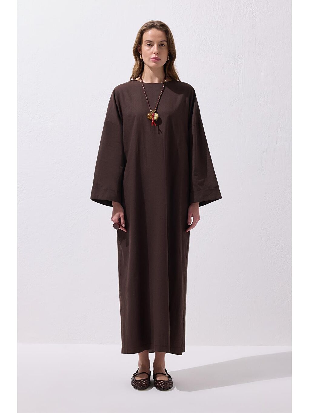 Kahverengi Solen Keten Uzun Elbise Kahve-5