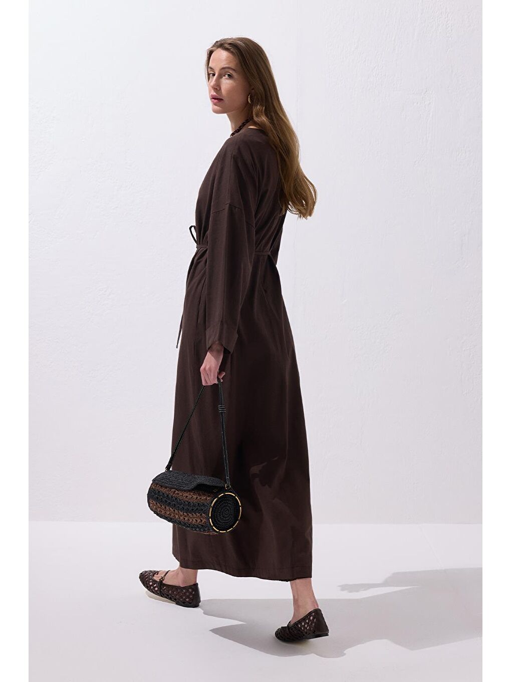 Kahverengi Solen Keten Uzun Elbise Kahve-6