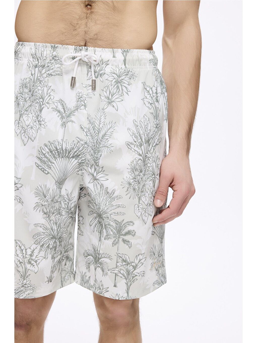 Beyaz Palmiye Desenli Haki Erkek Kısa Havuz Ve Deniz Şortu 5036-1