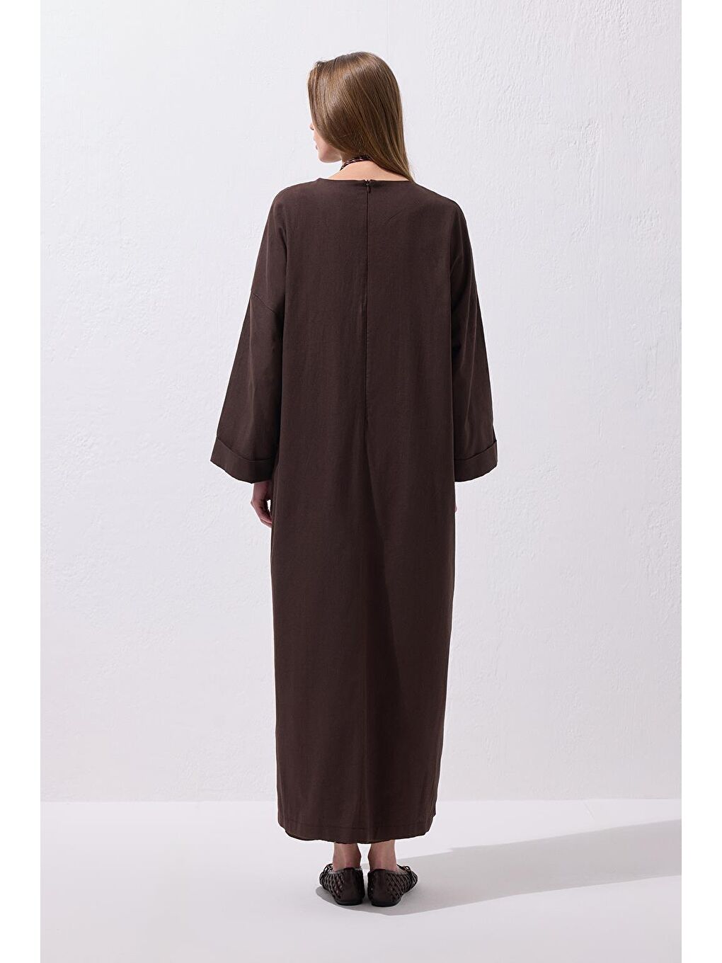 Kahverengi Solen Keten Uzun Elbise Kahve-7