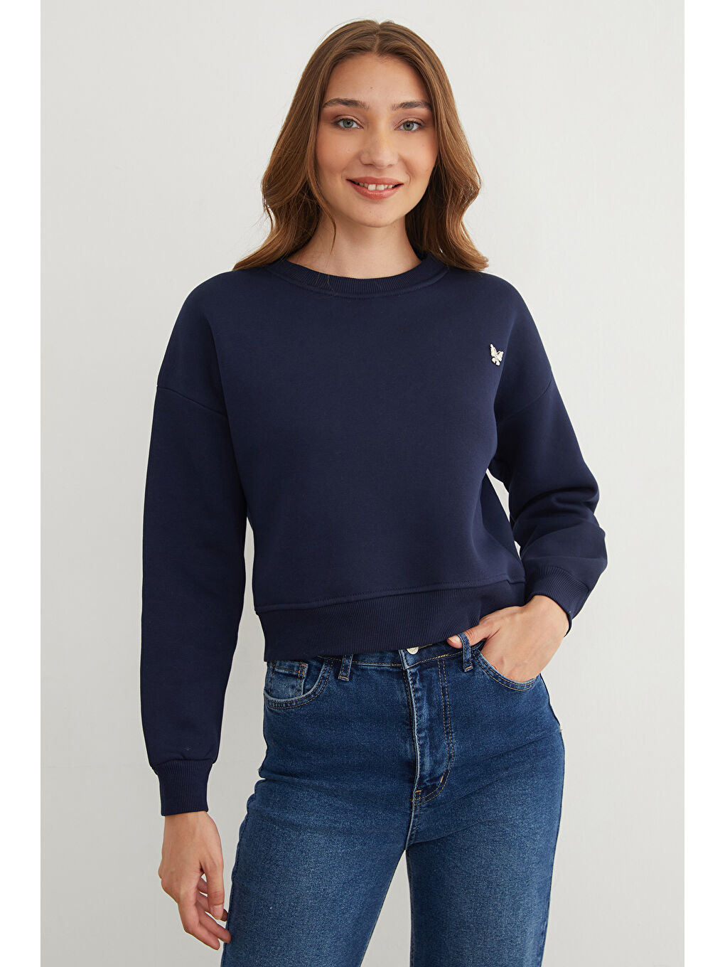 Lacivert 3 İplik Metal Kelebek Aksesuarlı Sweatshirt