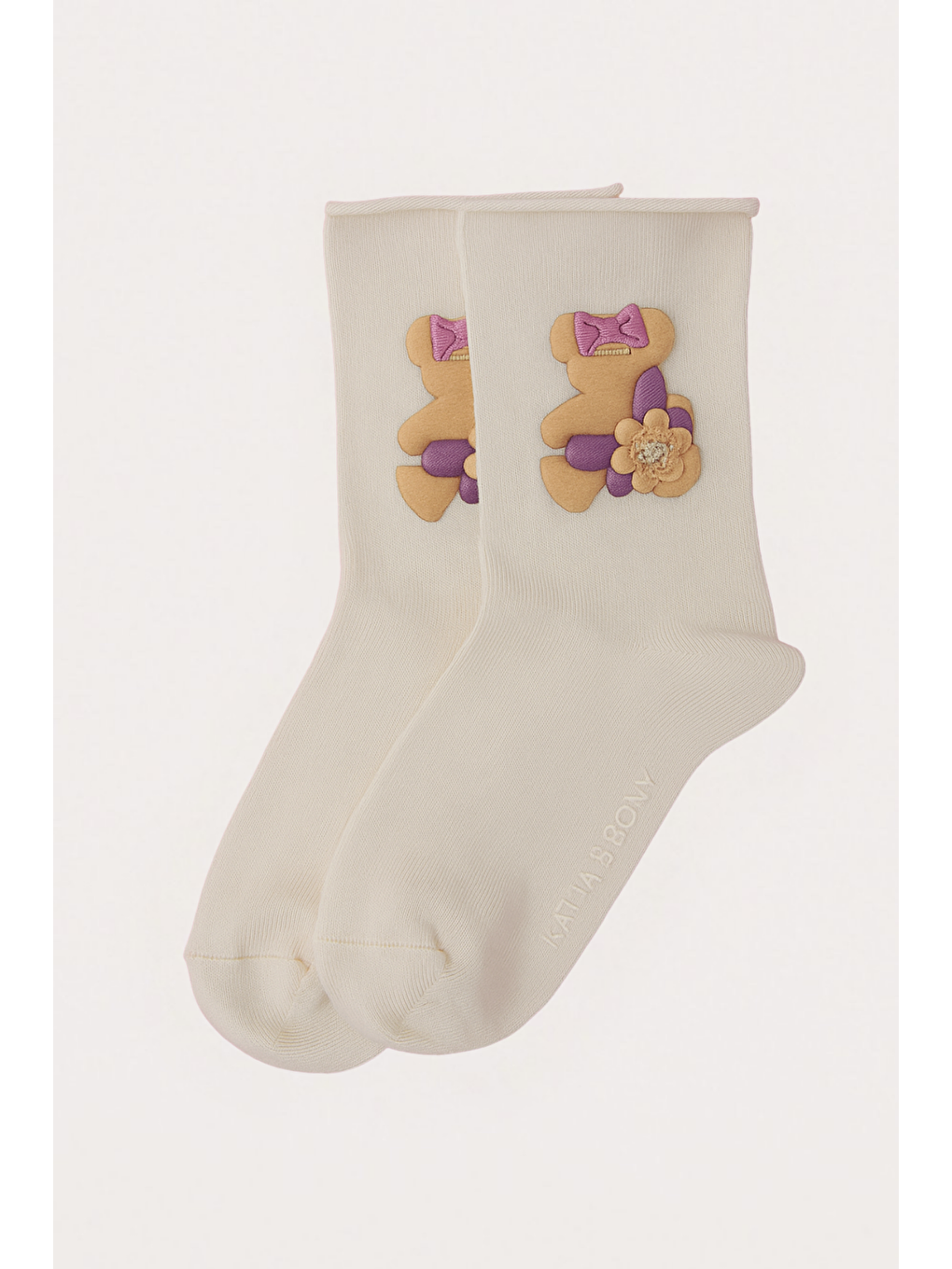Kız Çocuk Teddy Aksesuarlı Lastiksiz Modal Çorap Ekru