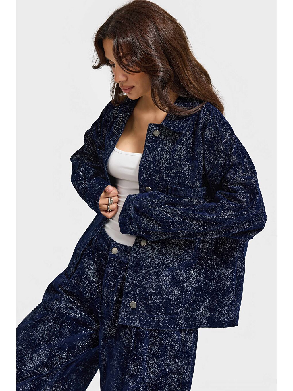 Kadın Koyu Mavi Renk 7w5-56 Oversize Özel Kumaş Tasarım Denim Ceket-4