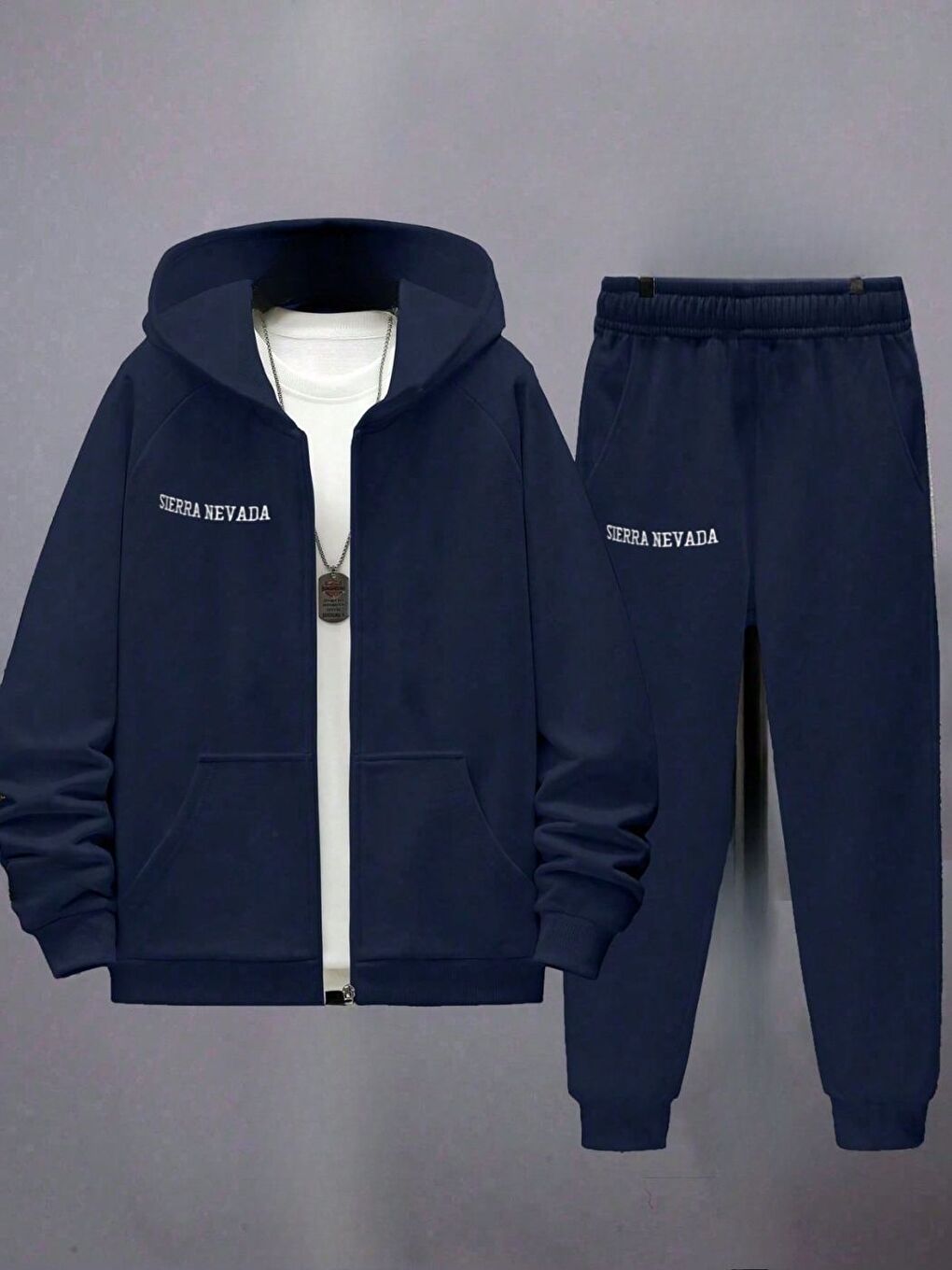 Erkek Lacivert Sıerra Nevada Baskılı Hırka Jogger Oversize Eşofman Takımı