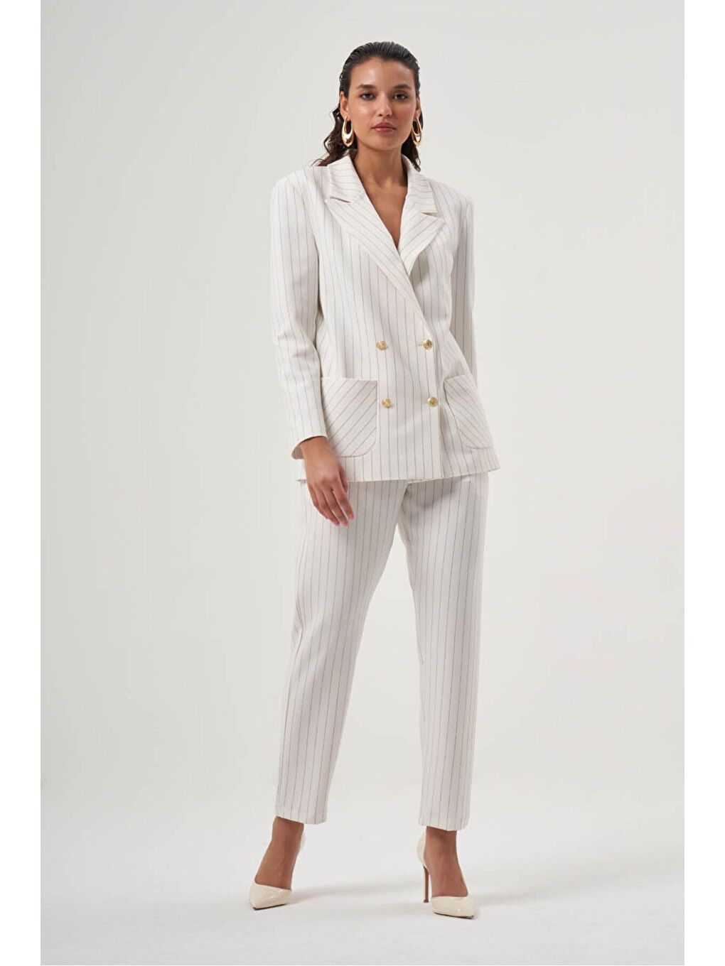 MZL Ekru Çizgili Cepli Kruvaze Blazer Ceket-1