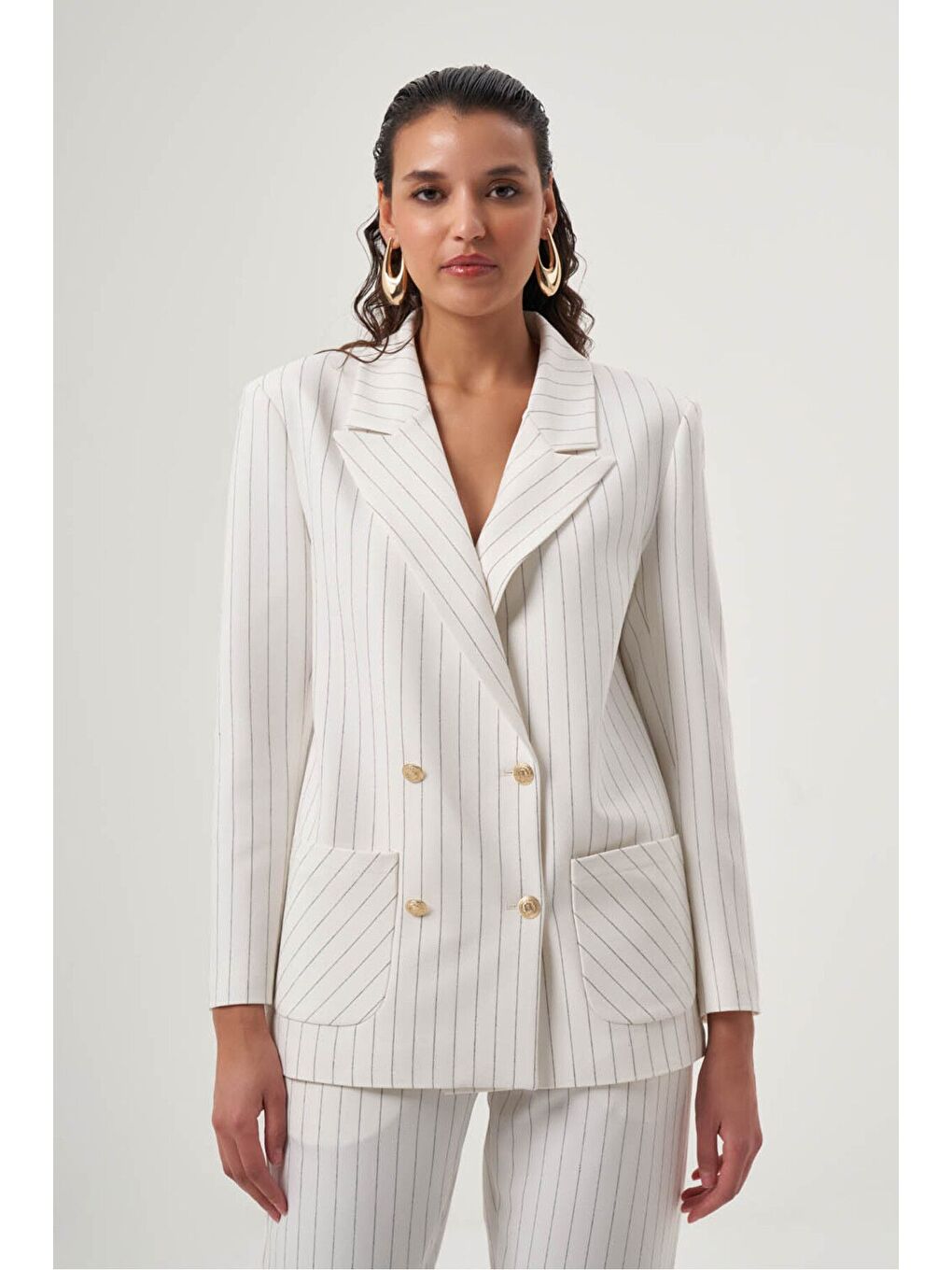 MZL Ekru Çizgili Cepli Kruvaze Blazer Ceket-2