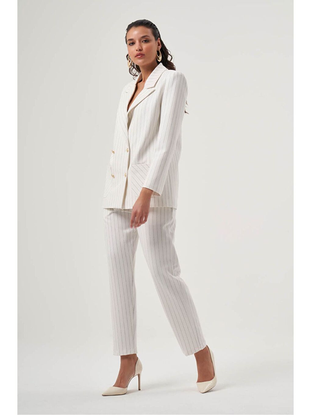 MZL Ekru Çizgili Cepli Kruvaze Blazer Ceket-3