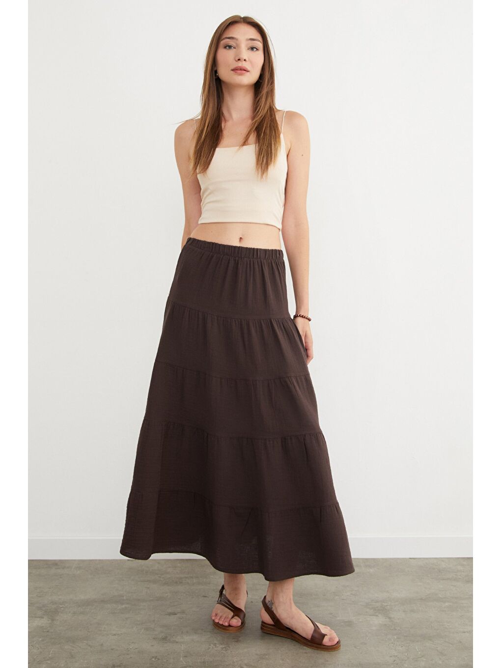 Kahverengi Beli Lastikli Keten Görünümlü Etek-2