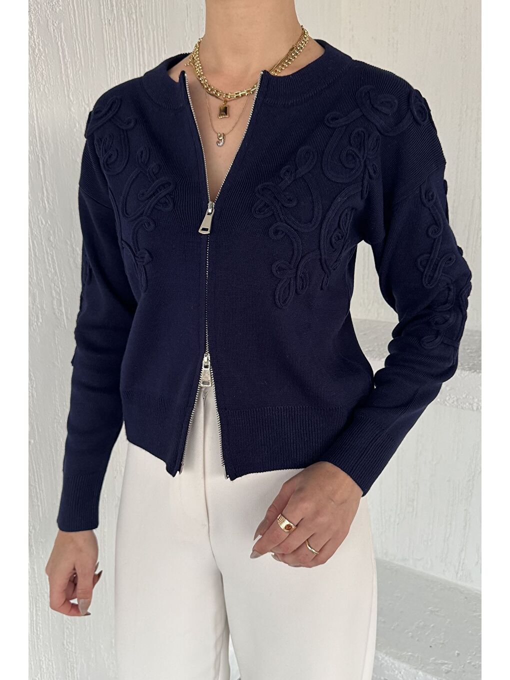 Lacivert Kadın Fermuarlı Triko Hırka (s-m-l Uyumludur)