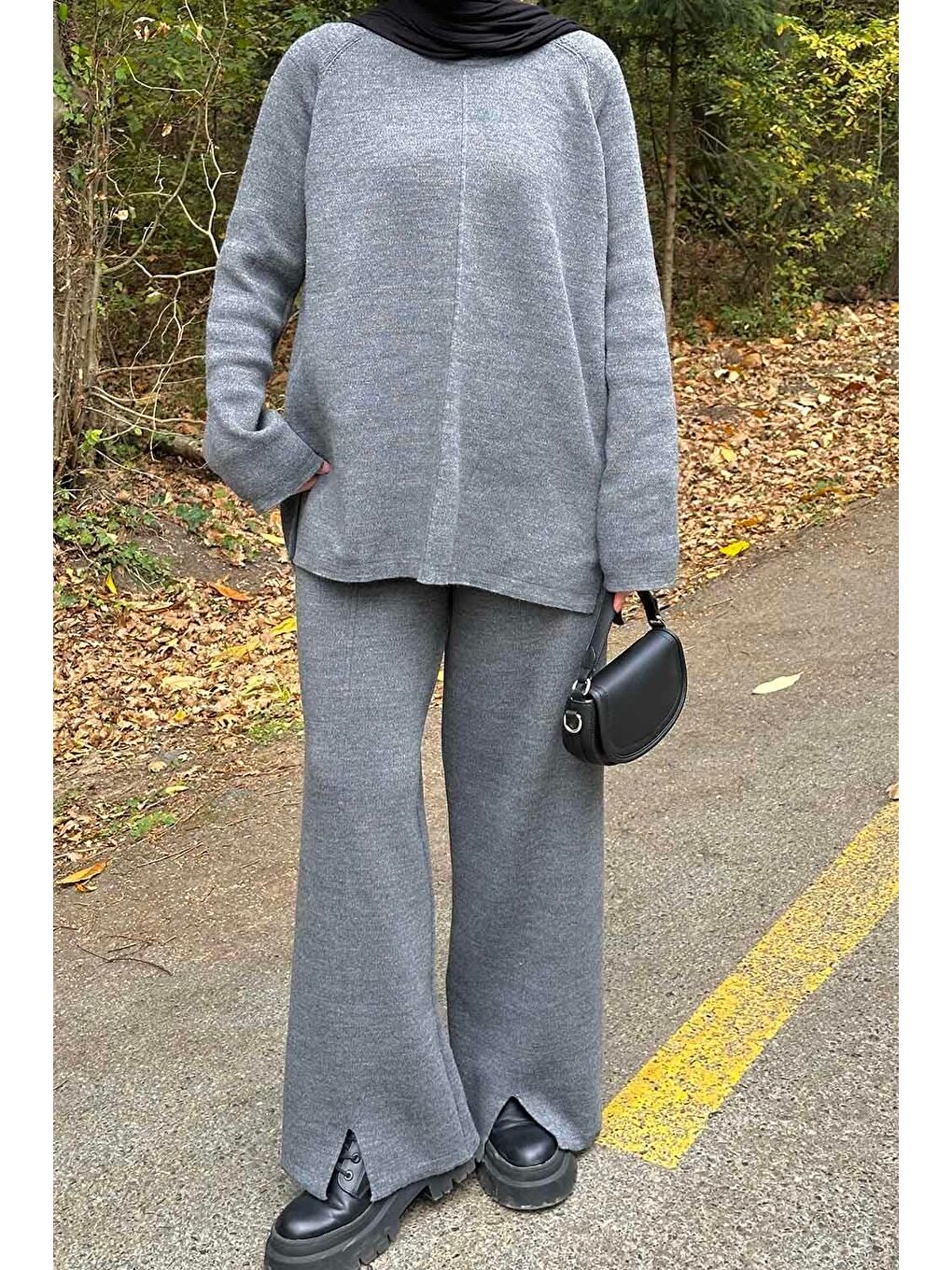 Basic Pantolon Önü Yırtmaçlı Triko Tesettür Takım Gri-2