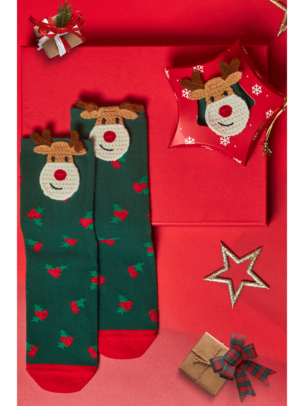 Kadın Geyik Detaylı Kutulu Yılbaşı Soket Çorap Yeşil