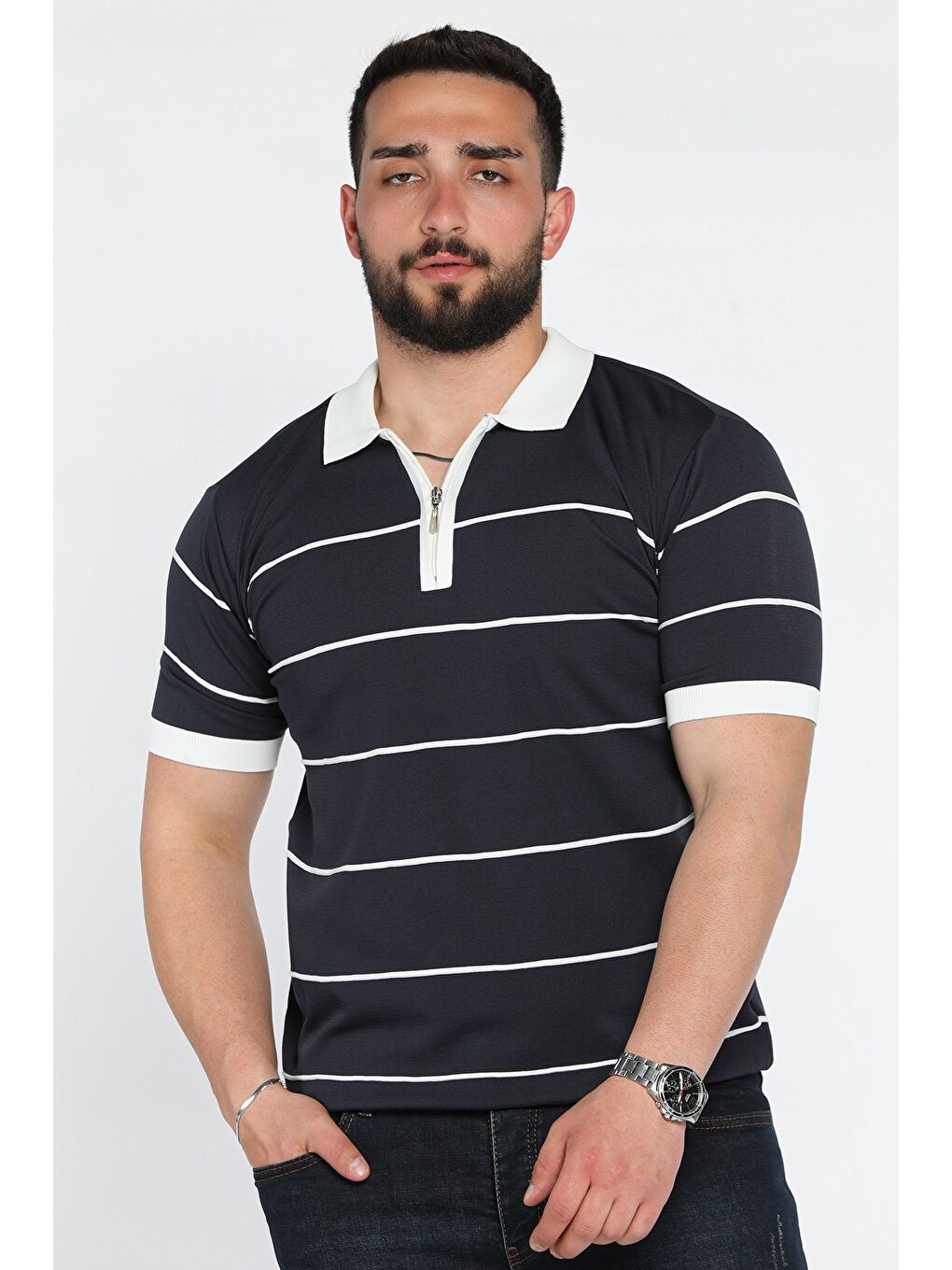 Lacivert Erkek Polo Yaka Yarım Fermuarlı Çizgi Desenli Triko Tişört