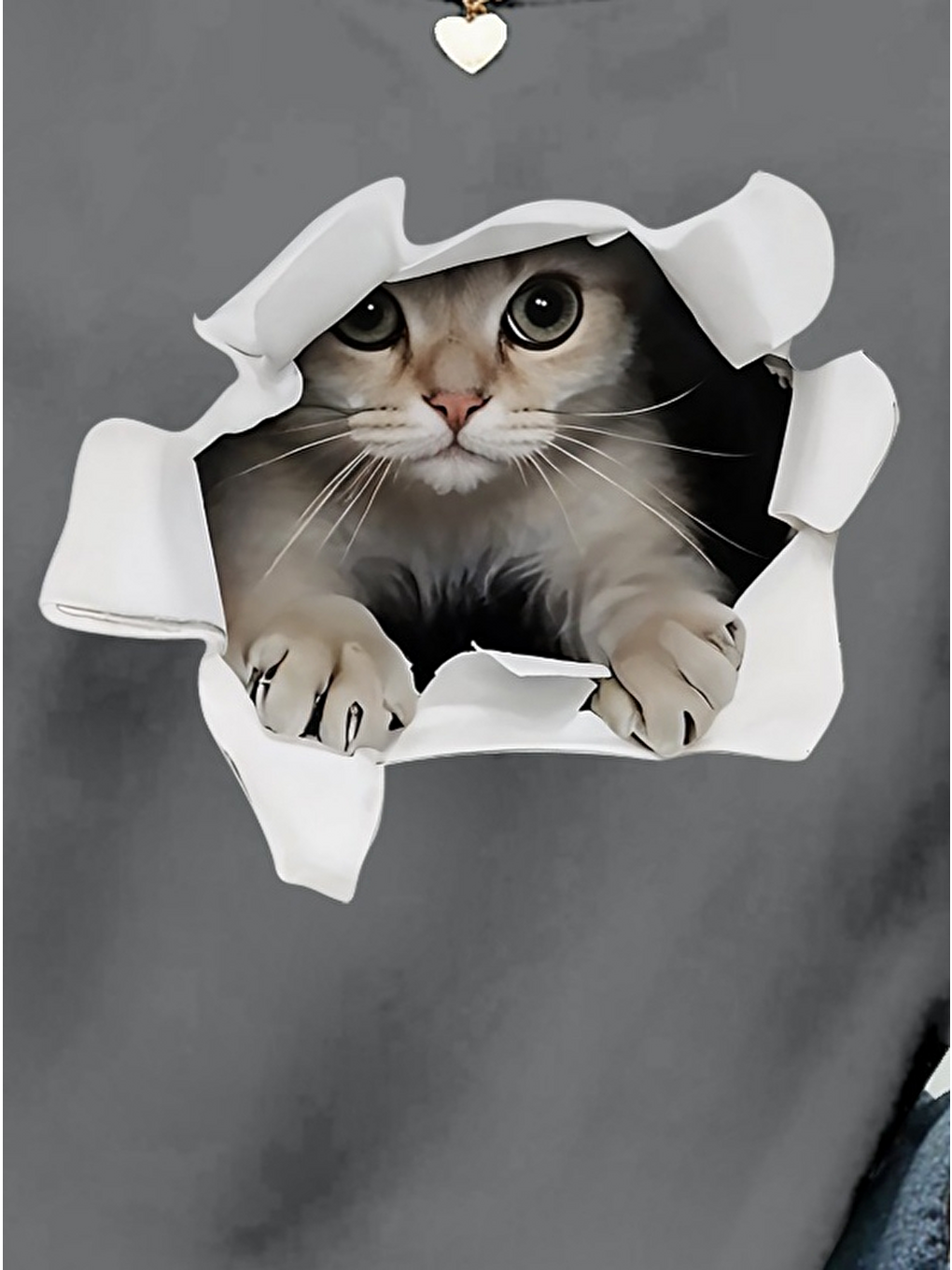 Gri Kadın Uzun Kollu Bisiklet Yaka Kedi Desenli Viskon Iki Iplik Bluz-1