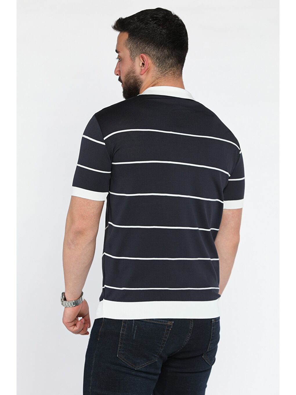 Lacivert Erkek Polo Yaka Yarım Fermuarlı Çizgi Desenli Triko Tişört-2