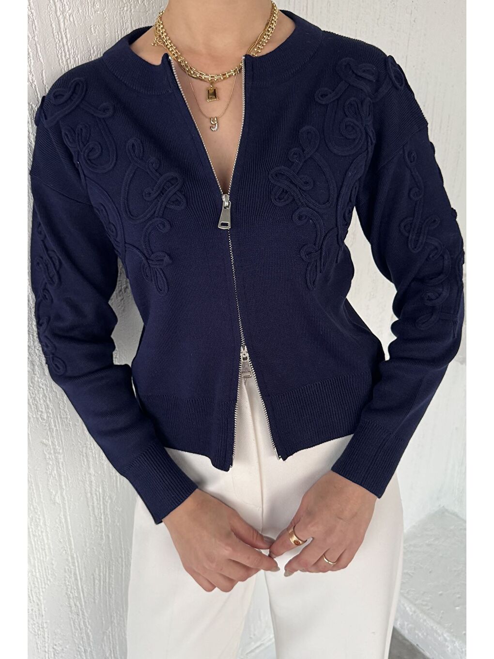 Lacivert Kadın Fermuarlı Triko Hırka (s-m-l Uyumludur)-1