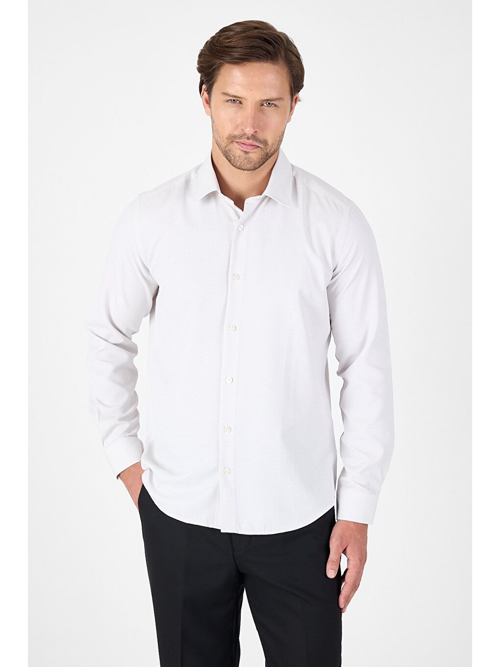 Bej Uzun Kol Sert Yaka Cepsiz Slim Fit Pamuklu Gömlek 1004250225