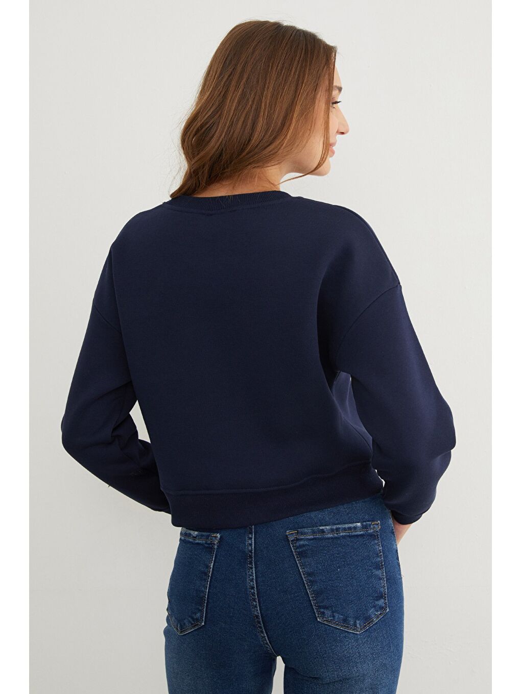 Lacivert 3 İplik Metal Kelebek Aksesuarlı Sweatshirt-4