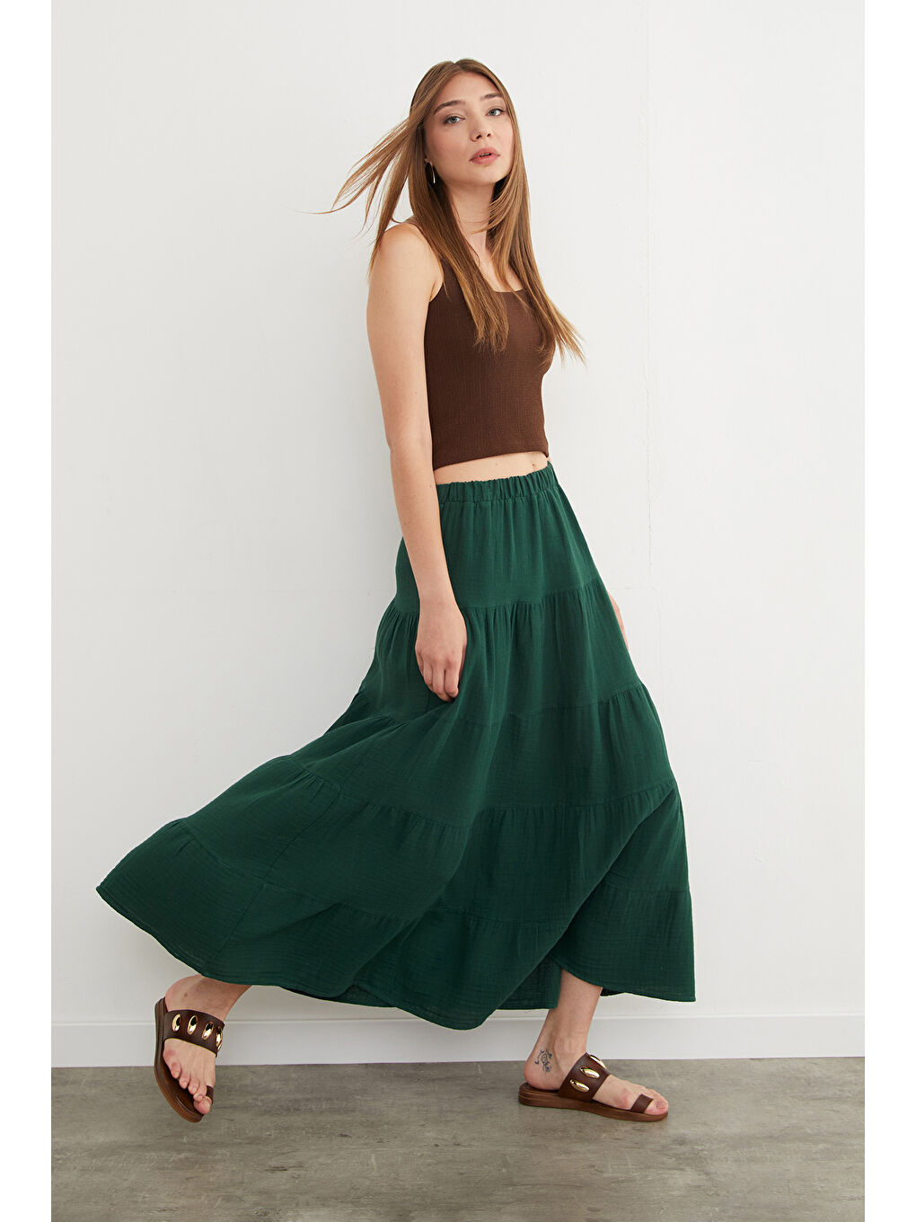 Yeşil Beli Lastikli Keten Görünümlü Etek