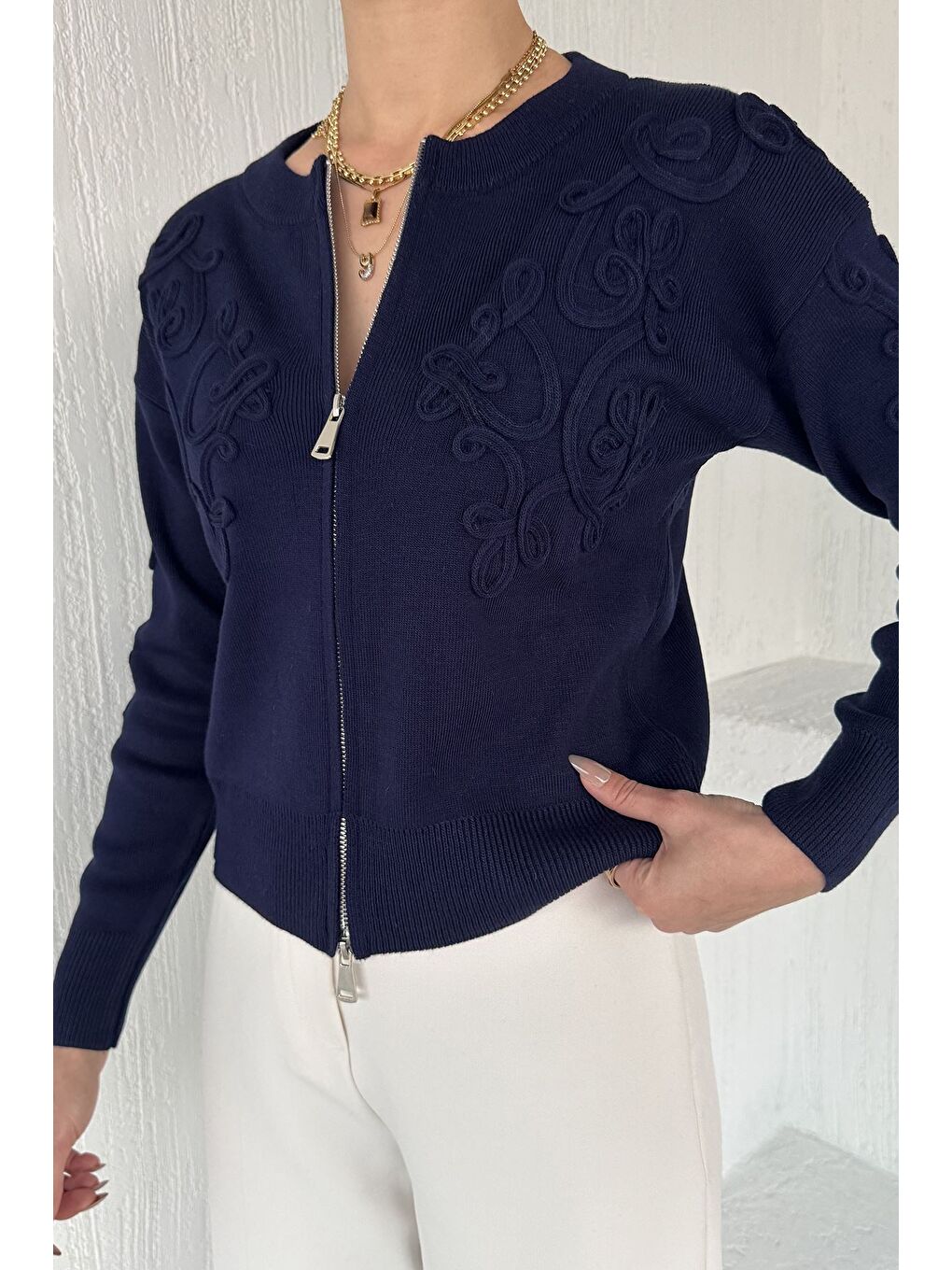 Lacivert Kadın Fermuarlı Triko Hırka (s-m-l Uyumludur)-2