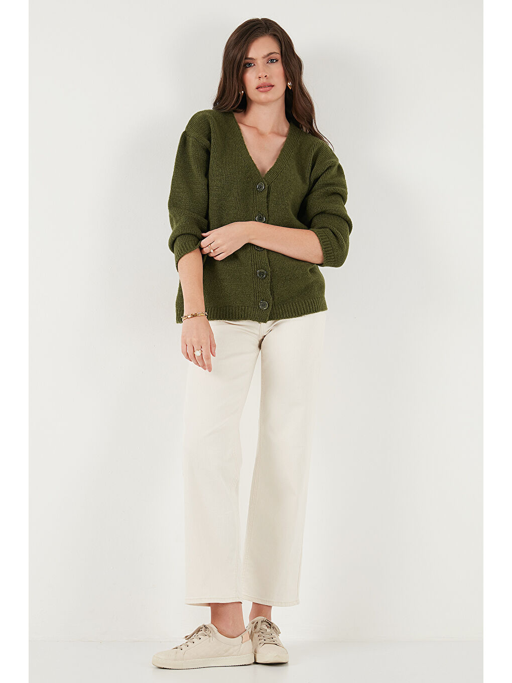 Haki Regular Fit V Yaka Düğmeli Triko Hırka 4616229-4