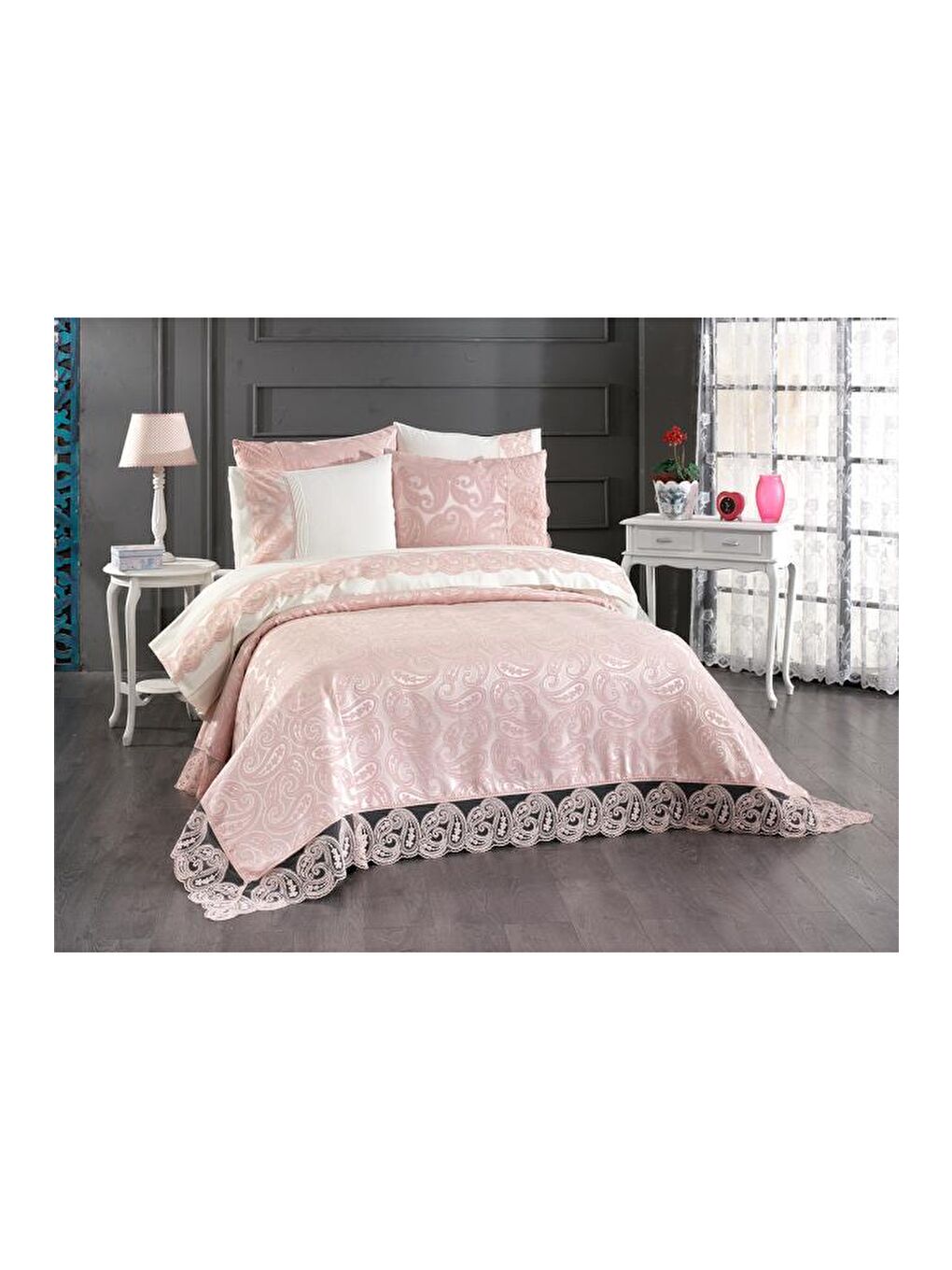 Pembe Şal 7 Parça Gelin Seti Pudra-1