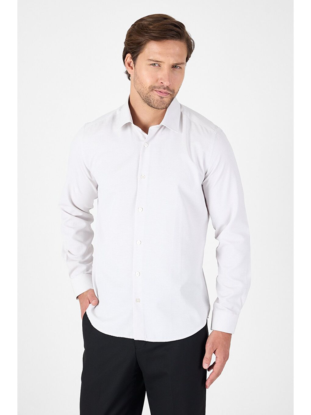 Bej Uzun Kol Sert Yaka Cepsiz Slim Fit Pamuklu Gömlek 1004250225-2