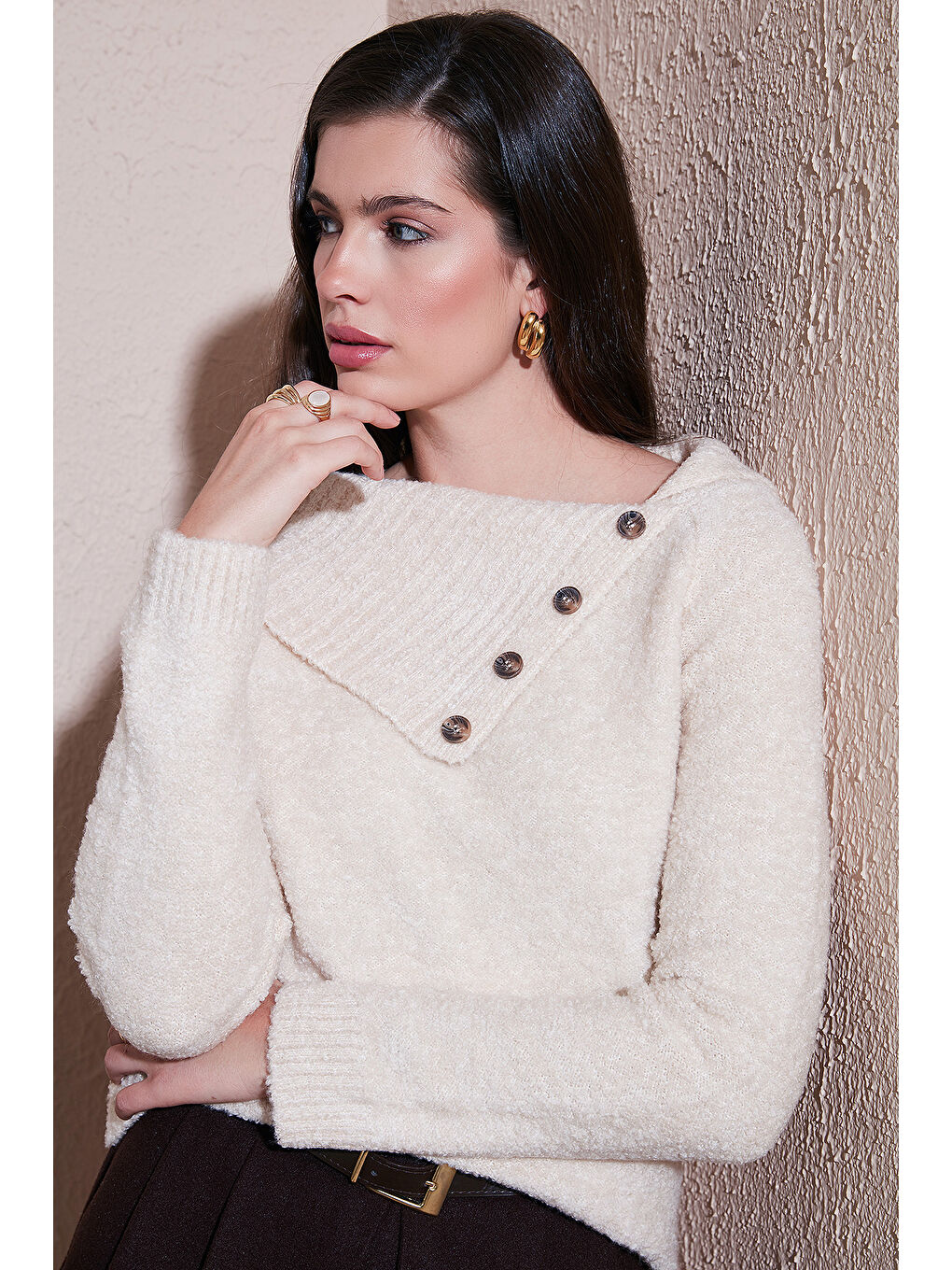 Bej Premium Regular Fit Kayık Yaka Düğme Detaylı Kazak 680KZ002563-1