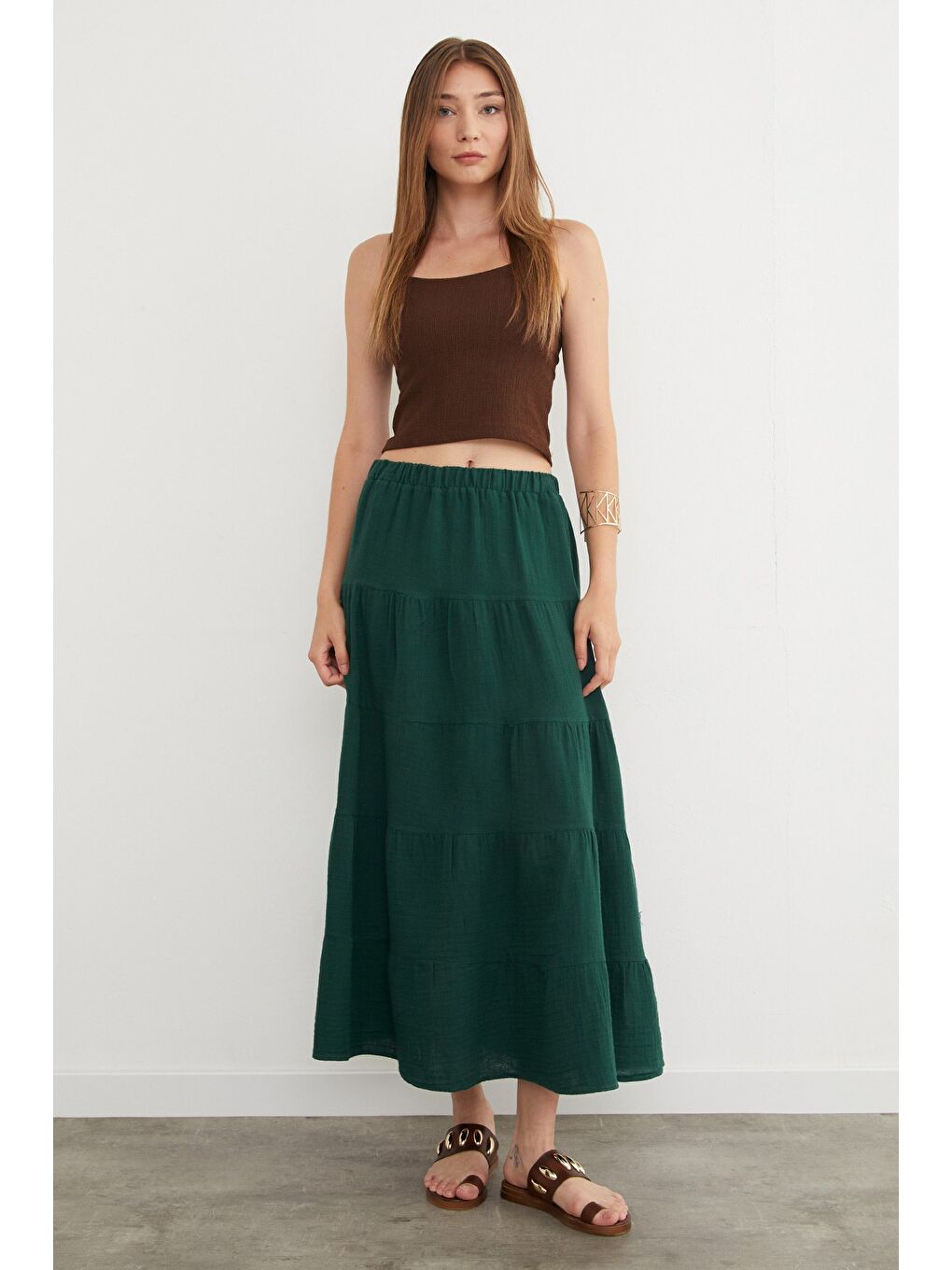 Yeşil Beli Lastikli Keten Görünümlü Etek-2