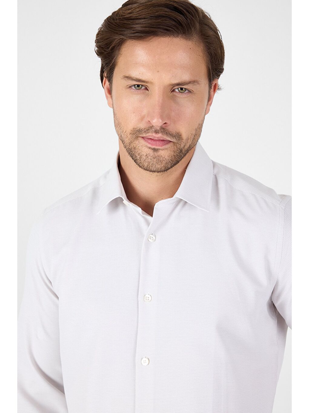 Bej Uzun Kol Sert Yaka Cepsiz Slim Fit Pamuklu Gömlek 1004250225-4