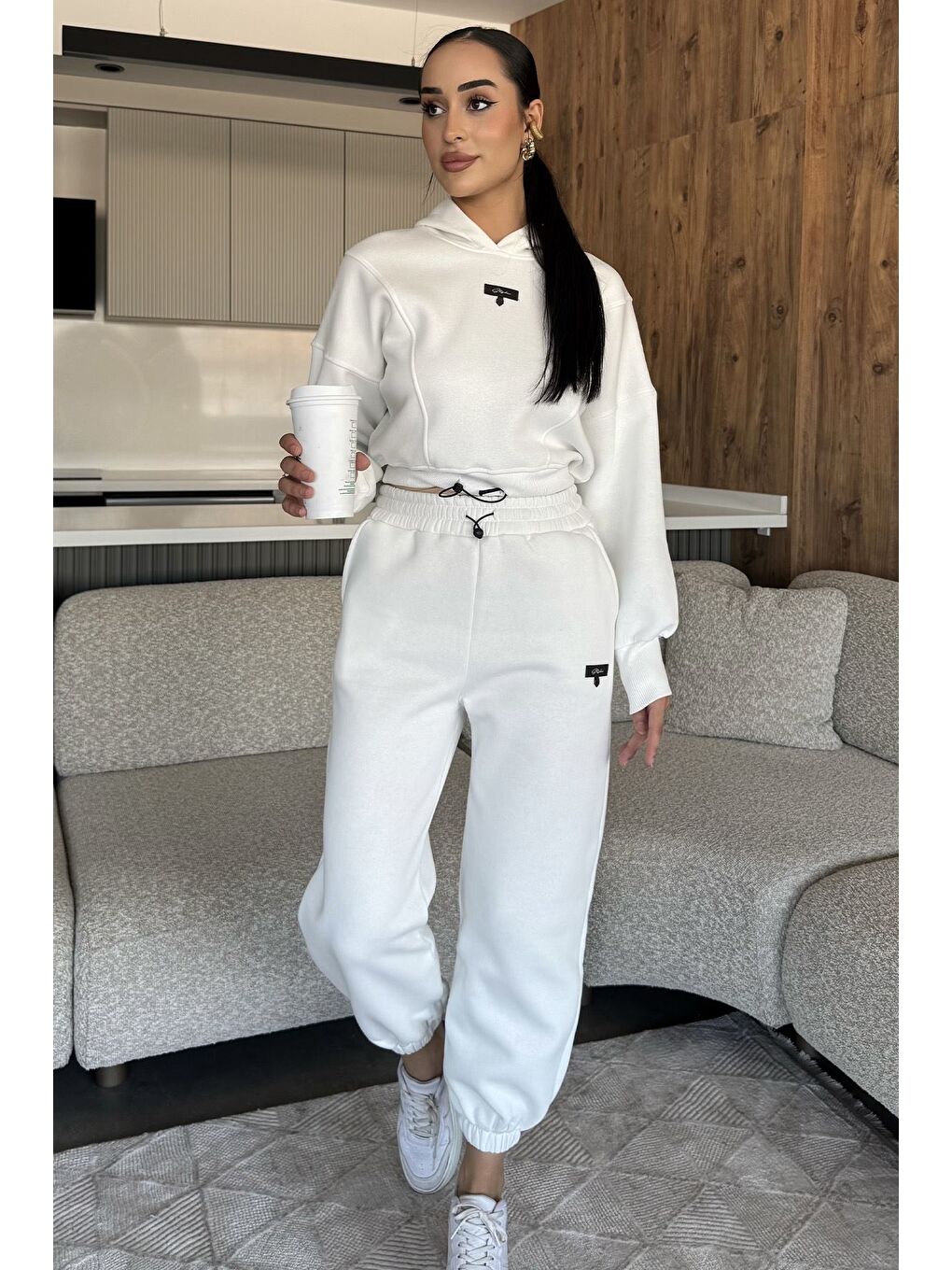 Ekru Kadın Üç İplik Şardonlu Kapüşonlu Eşofman Takımı