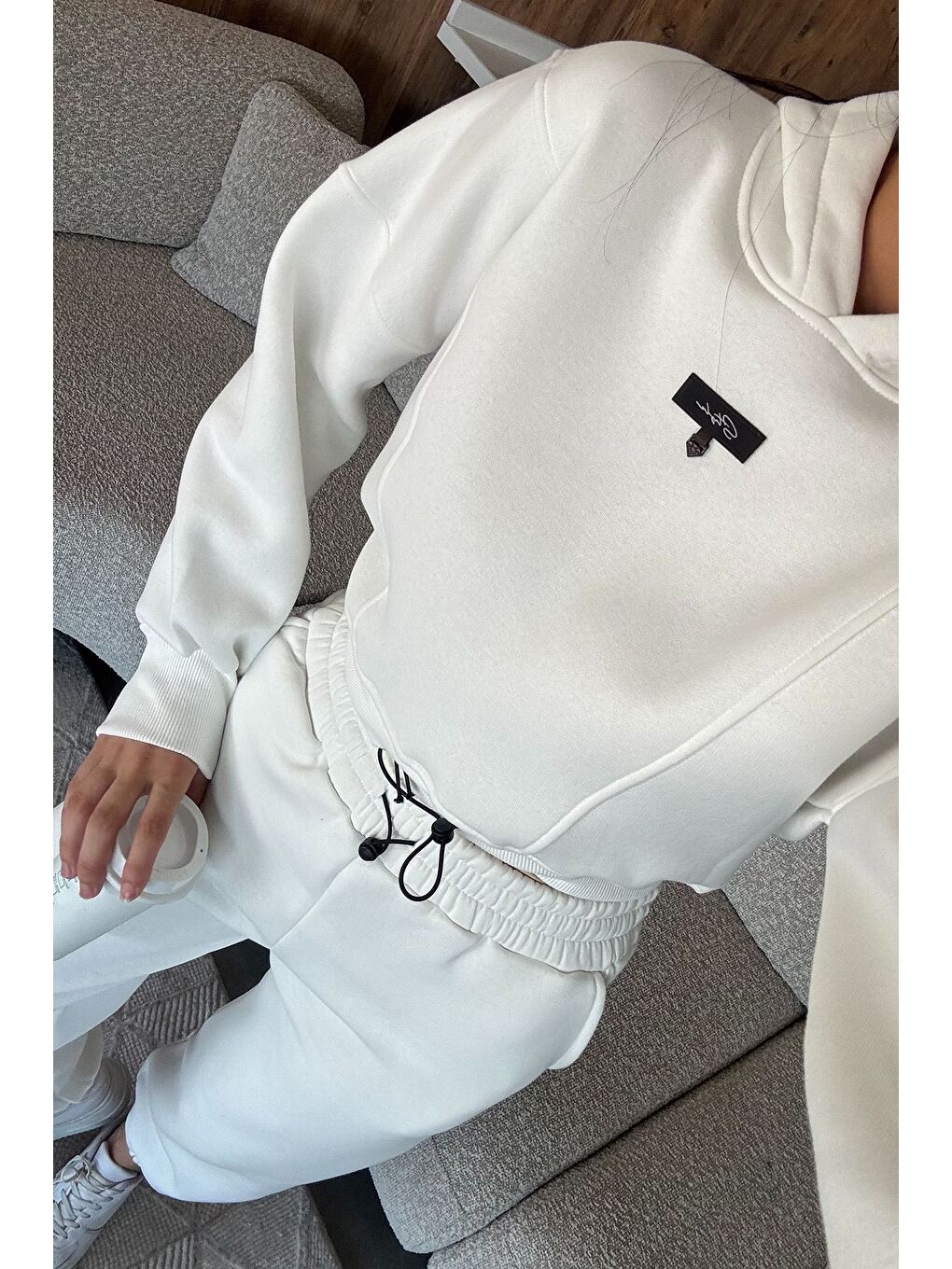 Ekru Kadın Üç İplik Şardonlu Kapüşonlu Eşofman Takımı-1