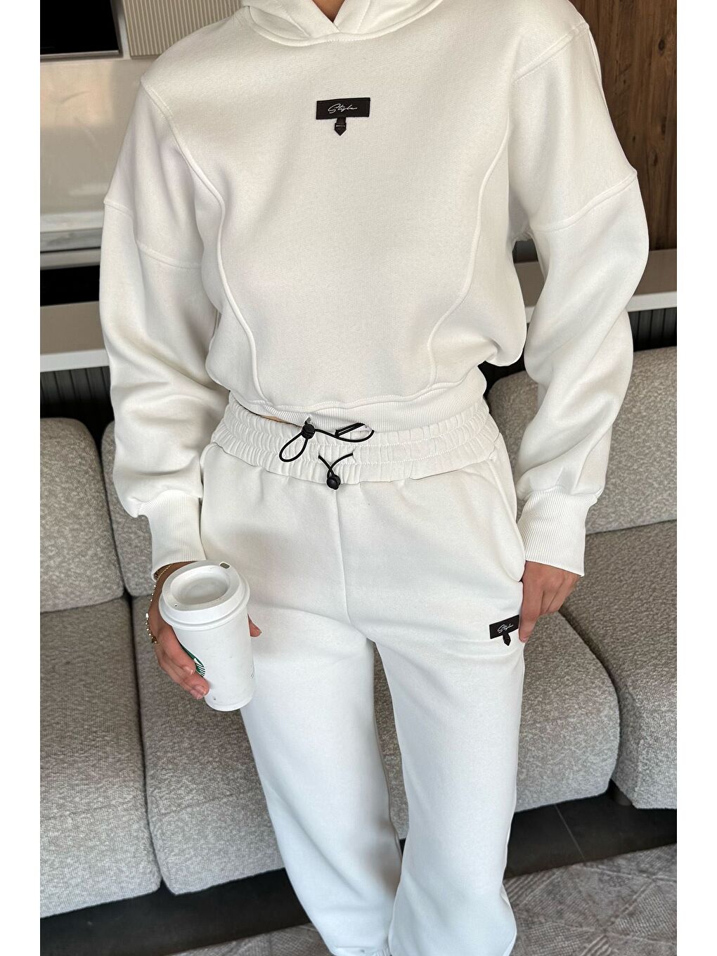 Ekru Kadın Üç İplik Şardonlu Kapüşonlu Eşofman Takımı-2