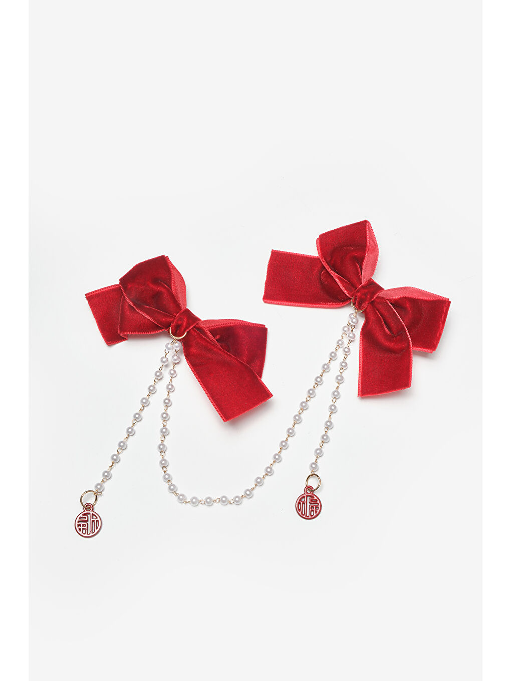 Kırmızı Kadife İnci Detaylı İkili Kız Çocuk Klips Toka-1