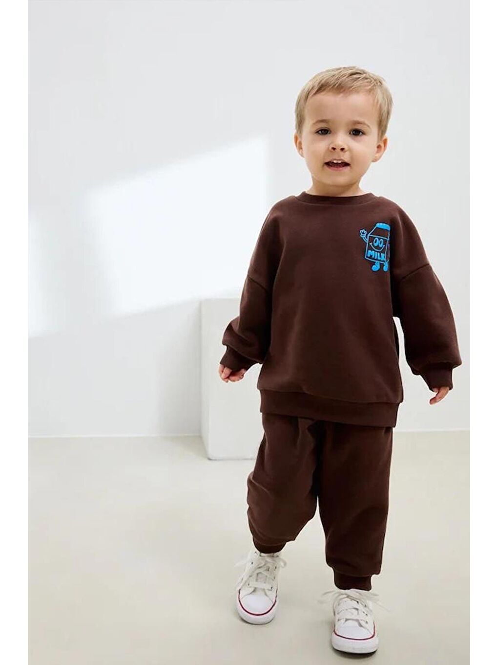 Kahverengi Erkek Çocuk 3 İplik Pamuklu Kumaş Baskılı Sweatshirt Ve Pantolon Alt Üst Takım