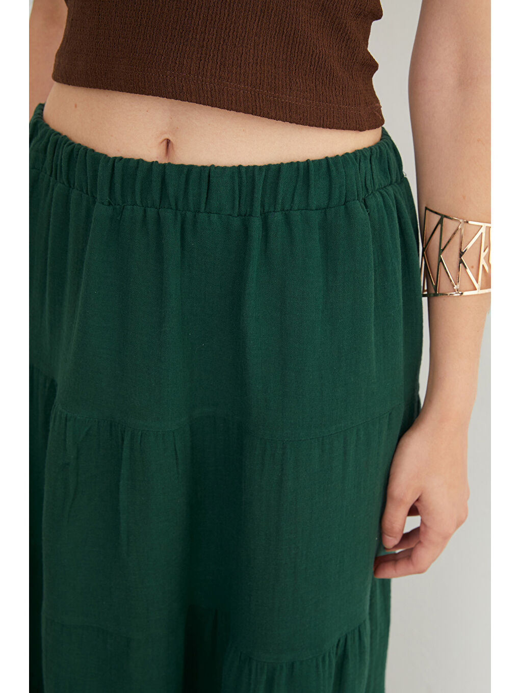 Yeşil Beli Lastikli Keten Görünümlü Etek-4